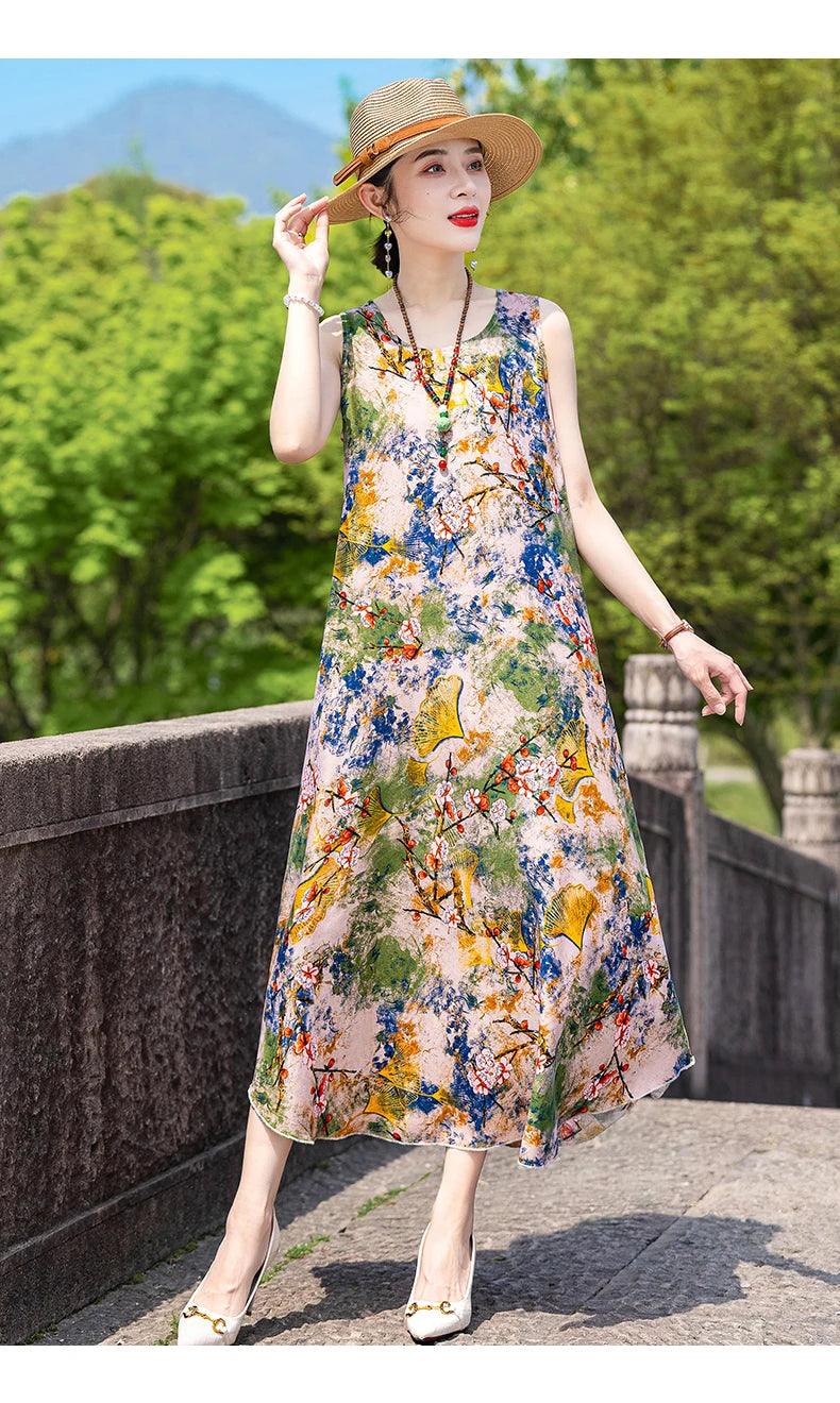New Women Summer Dresses Vintage Dress FashionRobe Plus Size Sleeveless Femme Casual Print Dresses