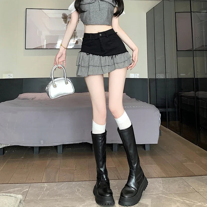 Fashion 2025 New Denim Patchwork Ruffle Denim Skirts Women Summer Retro High Waist Slim Skirts Woman