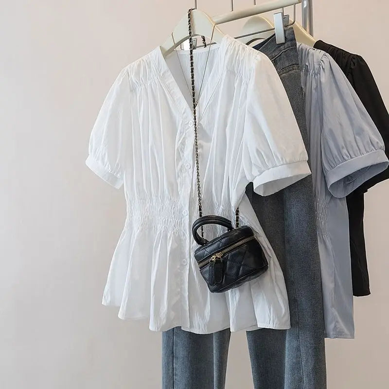 200 Pounds Plus Size Elastic Waist Office Lady Trend Shirt And Blouse Solid Color Top Women Clothing V-neck French Chic Basics