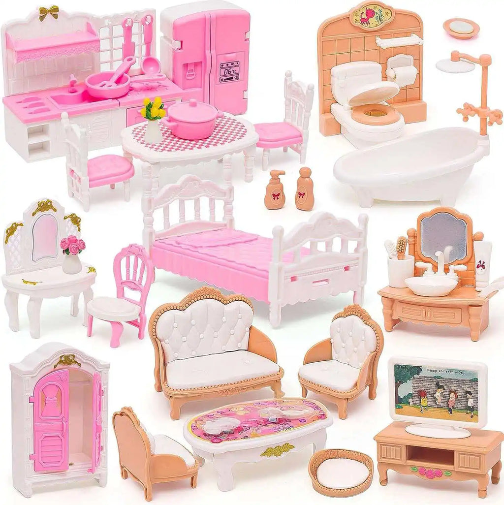 Dollhouse Furniture Set Accessories Doll House Mini Furniture Pretend Play Bedroom Living Room Bathroom Kitchen Kids Birthday