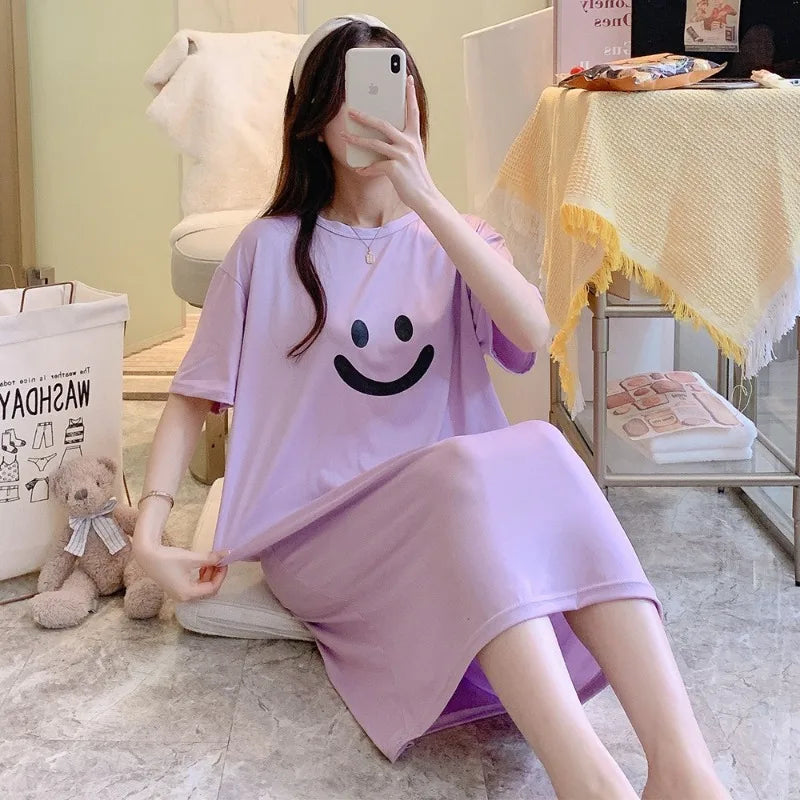 Summer Women Nightgown Lady Casual Short-sleeve Long Dress Loose Girl Loungewear Student Dress Outside Woman Casual Home Dress