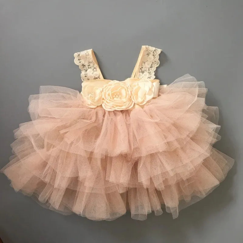 Flower Girl Lace Tulle Dress Elegant Princess Weddings Birthday Party Costumes for 3m To 7y Girls Baptism Festival Ball Gown