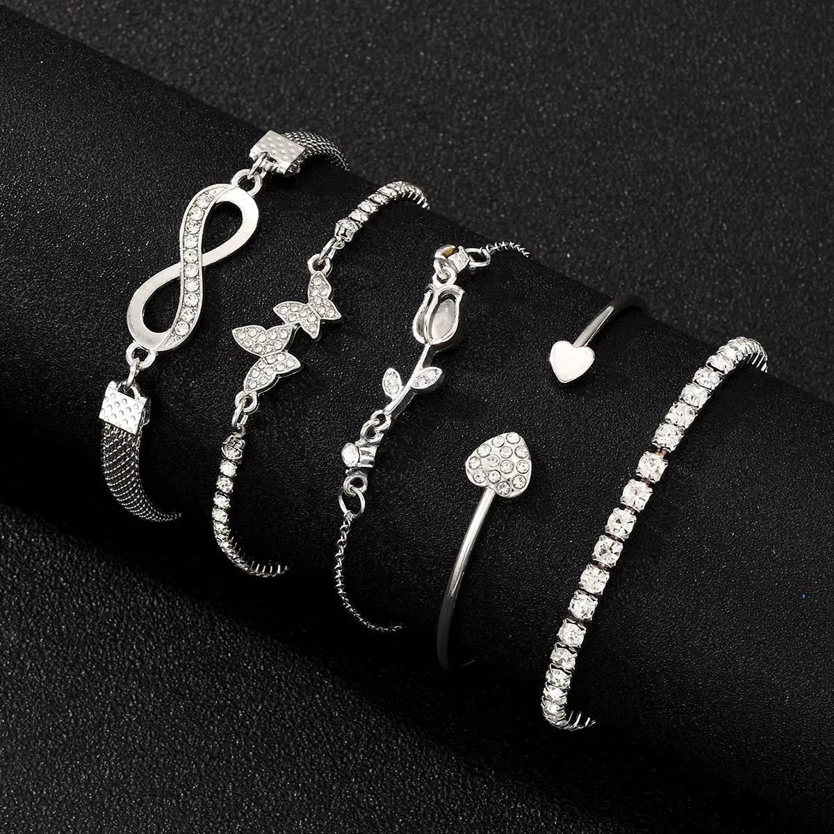 AY Rhinestone Charm Bracelet Set - Butterfly Heart Infinity Star