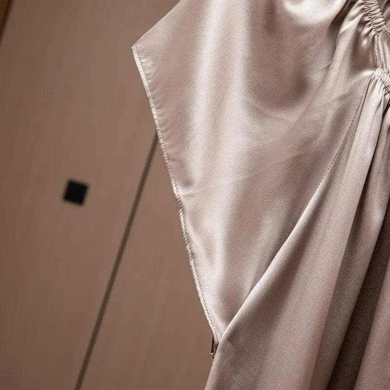 Loose 100%Silk Short Sleeve Nightgown, Summer Medium-long Satin Sleepwear Woman