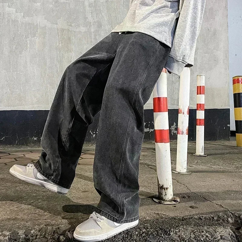 2026 New Streetwear Loose Jeans Men Korean Style Fashion Loose Straight Wide Leg Pants Men's Brand Clothing Black Light Blue