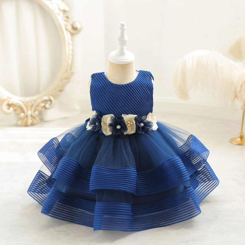 HETISO Girl Kid's Dress Flower Mesh Layered Striped Sleeveless Toddler Baby Party Gown for Girls 1-4 Years