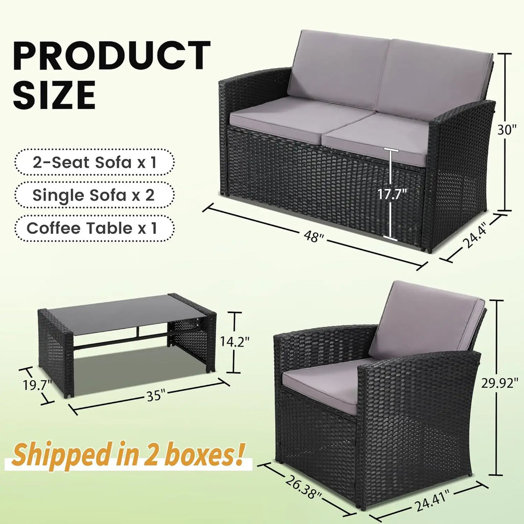 4-Piece Patio Furniture Set, Wicker Outdoor Rattan Sectional Sofa with Cushions and Glass Table, All-Weather Outdoor Conversatio
