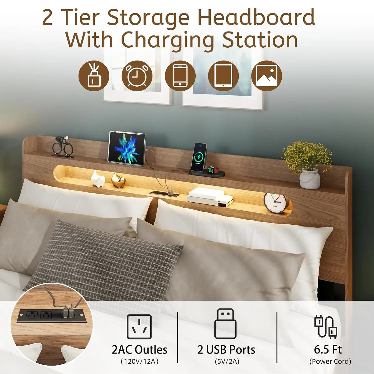 Queen Bed Frame 2-Tier Shelf Headboard Walnut LED Lights Charging Station Rustic Platform Wood Slat No Box Spring, Customized