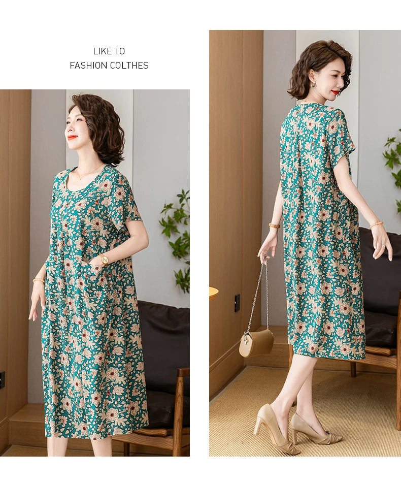 New 2025 Summer Dress Long Vintage Loose Women Elegant Sundress Dress Casual O-neck Dresses Print Plus Size