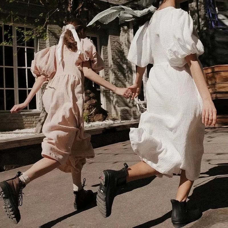 Vintage 100% Cotton Women's Dress Retro Crepe Gauze V-Neck Puff Sleeve Bandage Lace Up Elegant Dresses For Women Long Maxi Robe