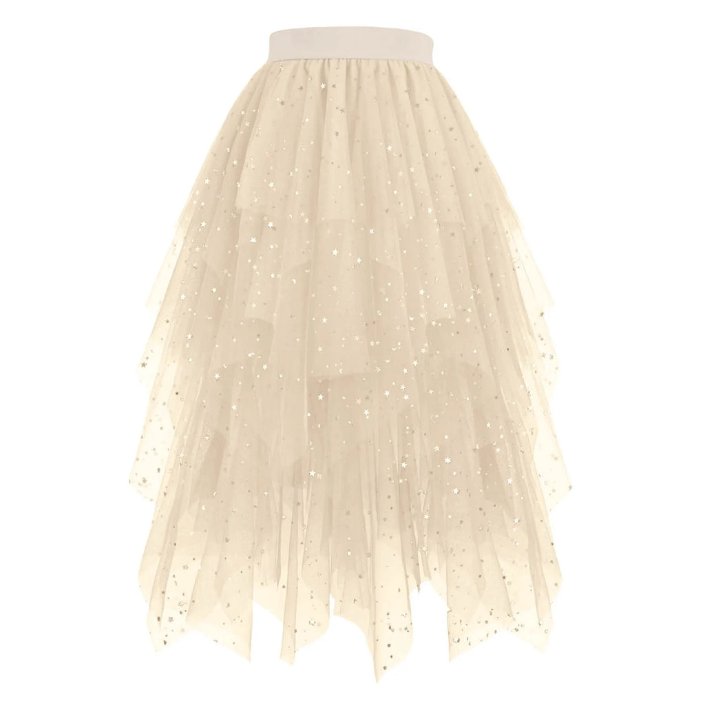 Women Puffy Tulle Skirt Elegant Candy Color Star Glitter High Waist Large Swing Tutu Skirt Fairy Irregular Layered Dance Skirt