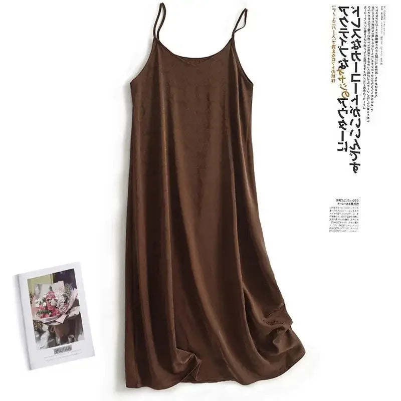 New Arrival Export Quality Genuine Silk Vinegar Satin Round Neck Rose Dress Innertank Skirt Women's Long Dress