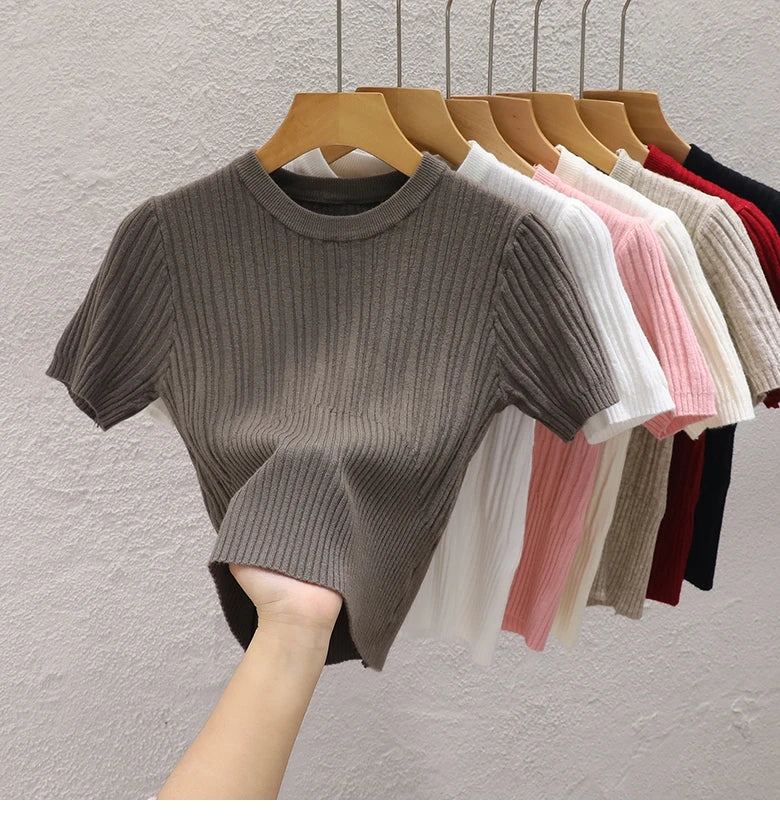 Korean Knit Crop Tee | Women's Casual Solid Basic Top