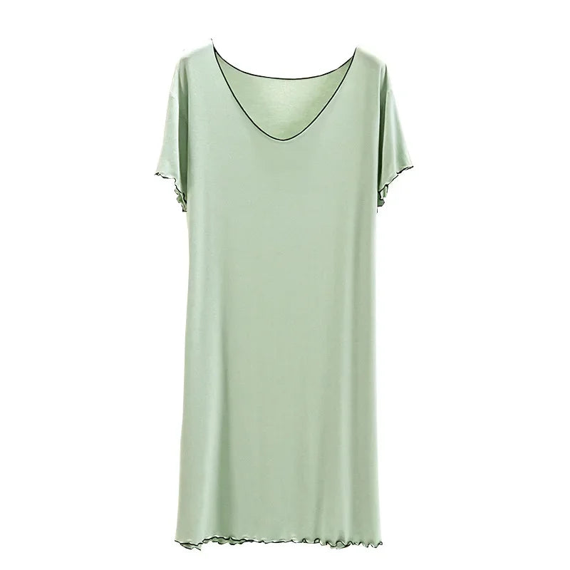 Loose Casual Modal Short Sleeve Dress V-Neck Base Skirt Thin Summer Floral Edge Sleep Dress Versatile Summer Dress