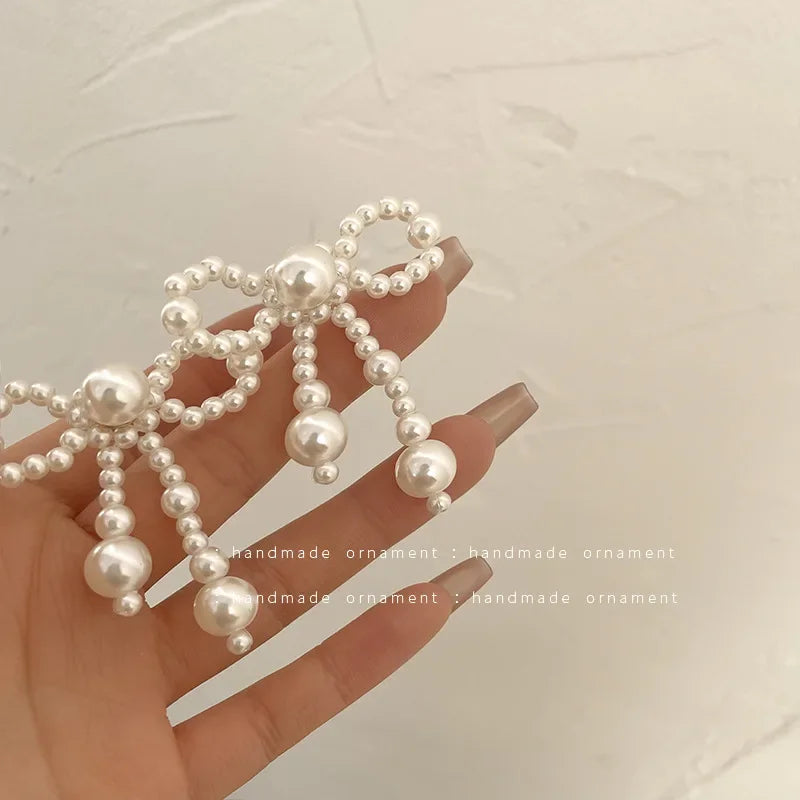 Korean Fashion Style Pearl Long Tassel Clip on Earrings for Women Simple Temperament Long Chain Non-piercing Ears Clip Earrings