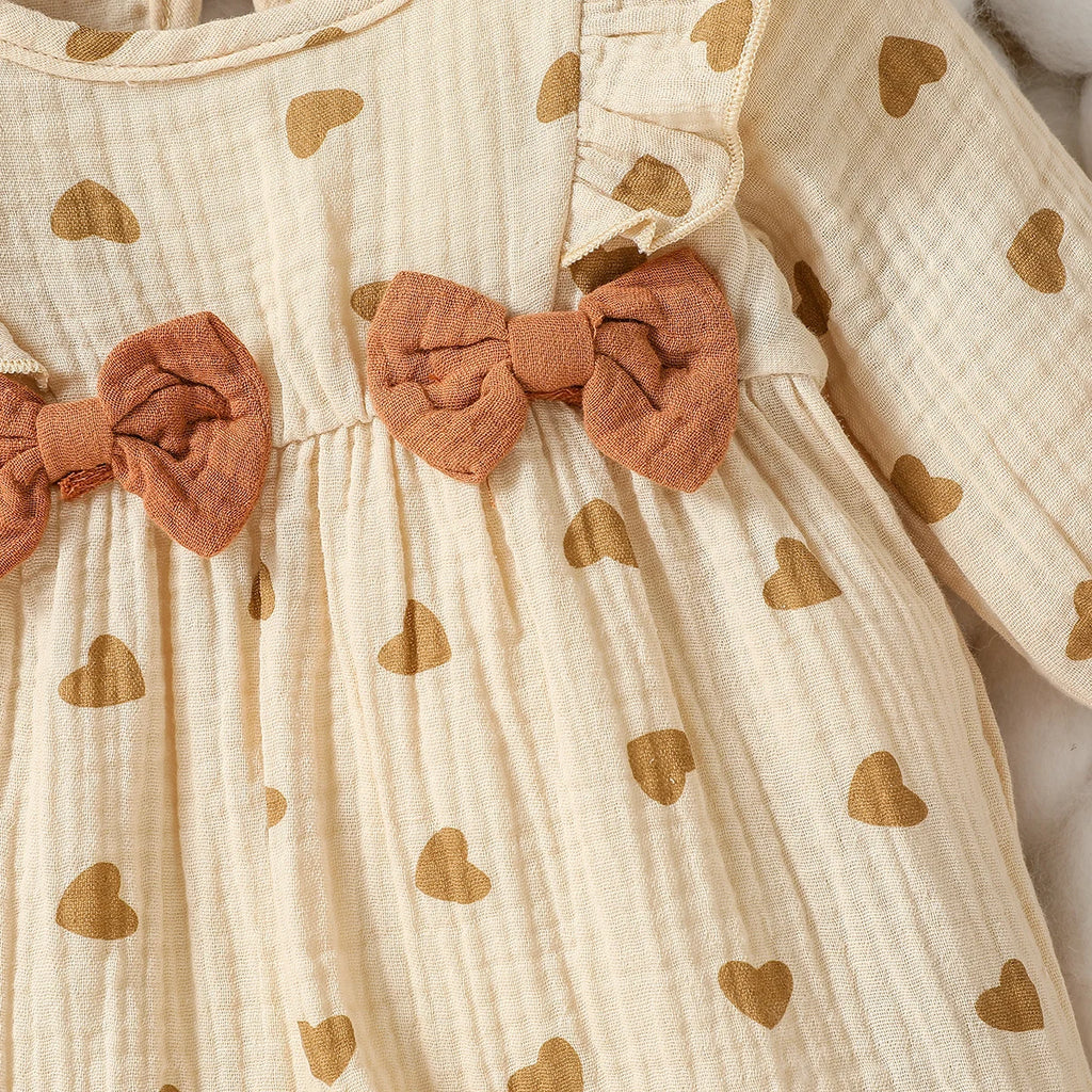 Baby Girls Summer Long Sleeve Printing Love With Bowknot For Casual Daily Cotton Jumpsuit