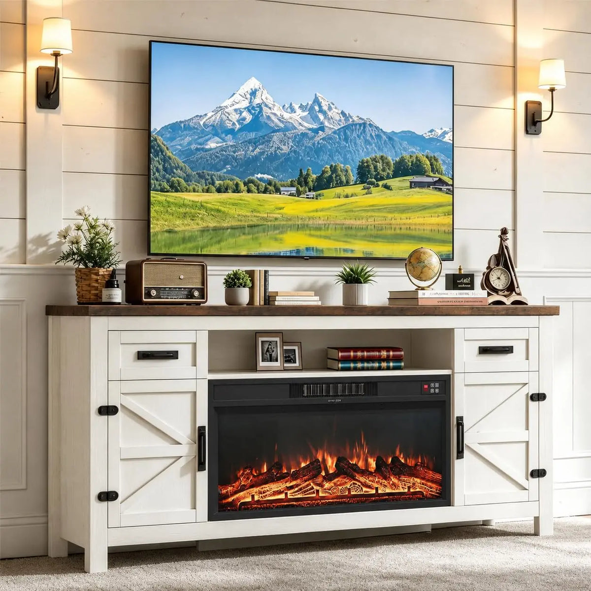 Fireplace TV Stand with Barn Door for TVs up to 80", Farmhouse Fireplace Entertainment Center with Storage, Customized
