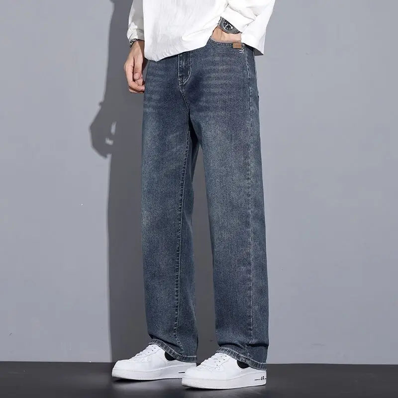 Men's Loose Straight Fit Jeans - Black Elastic Wide Leg Casual