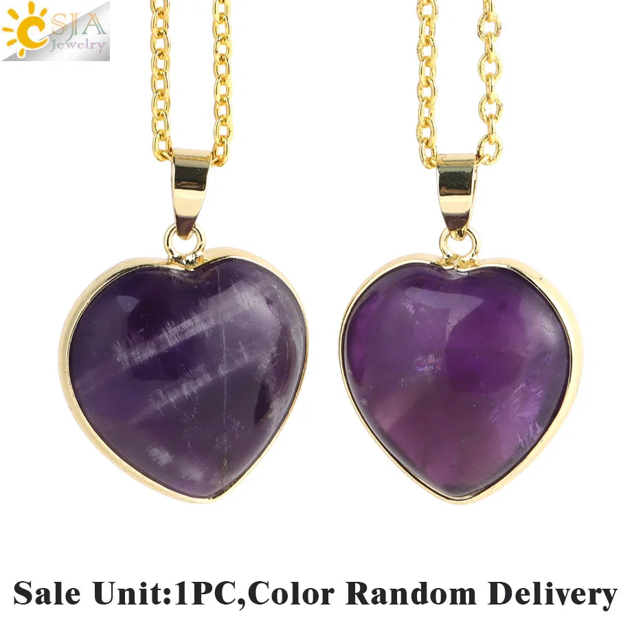 Csja Collar Corazón de Cristal para Mujer, Curativo, Cuarzo Rosa, Amatista, Colgante de Piedra Natural