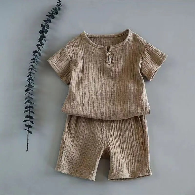 Summer Kids' Sets and Outfits Boys Girls Cotton Linen Muslin Suit for Children T-shirt Tops + Shorts Baby Loungewear Clothing