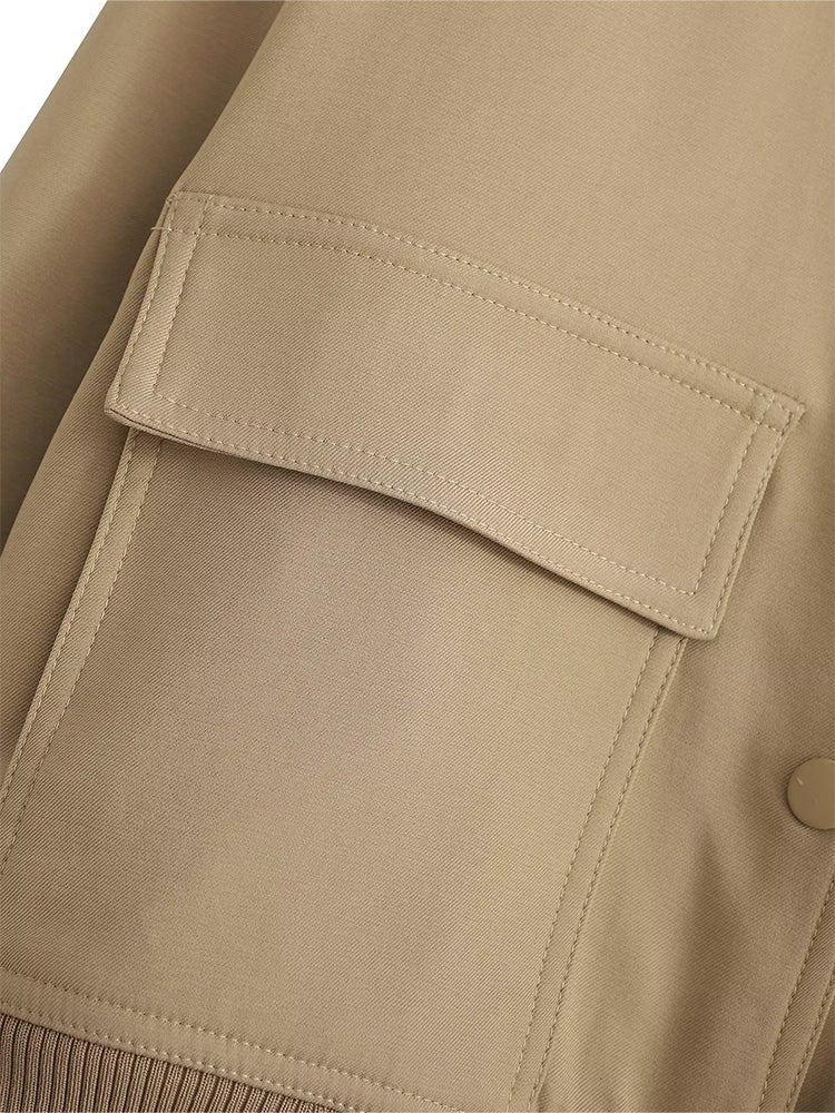 Women's Vintage V-Neck Bomber Jacket with Pockets