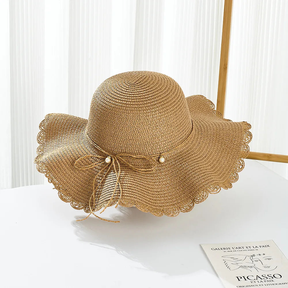 Summer New Children'S Sun Hat Kids Wave Large Brimmed Straw Hat And Bag Sets Girls Sunscreen Beach Hats Baby Hand-Knitted Cap