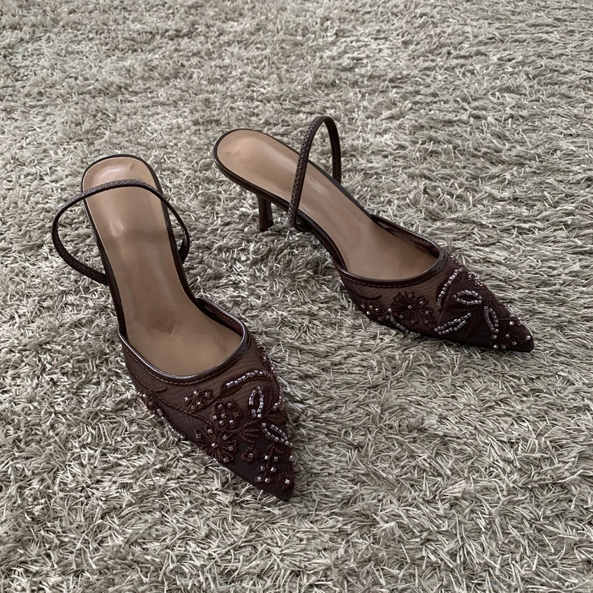 2026 String Bead Mesh Embroider Slingback High Heels Women Sexy Pointed Toe Heeled Sandals Summer Elegant Luxury Designer Shoes