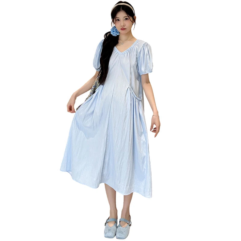 Korean Style Pregnant Woman Summer Dress with Pockets Puff Sleeve V-neck Maternity Pleated Dress