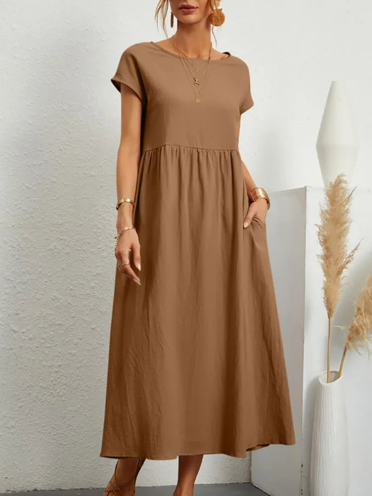 Premium Elegant Solid Cotton Linen Dress Summer Midi with Pockets Loose Fit Casual Crew Neck Short Sleeve for Beach Travel