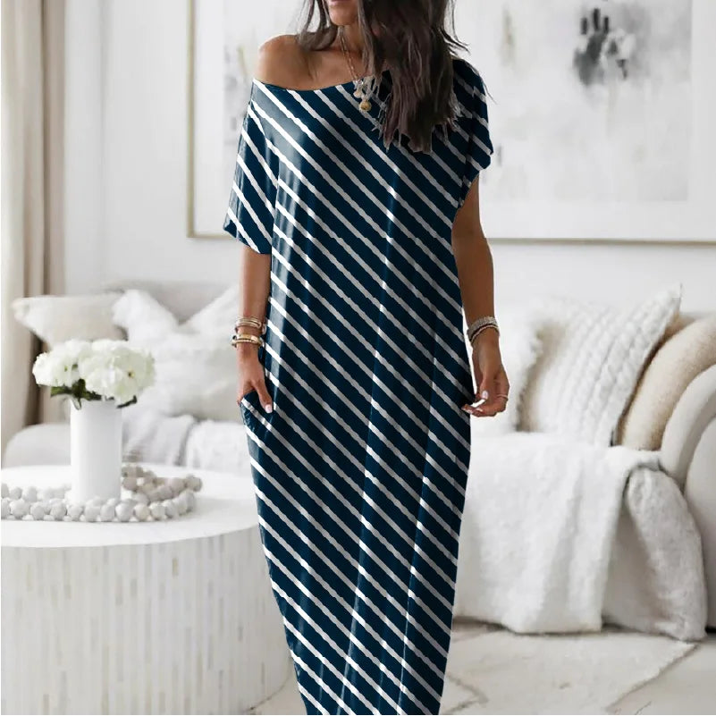 Casual Pure Color Short Sleeve Long Dress Women's Summer New Style Cross-Border TK Loose Waist Milk Fiber Straight Cut Dress
