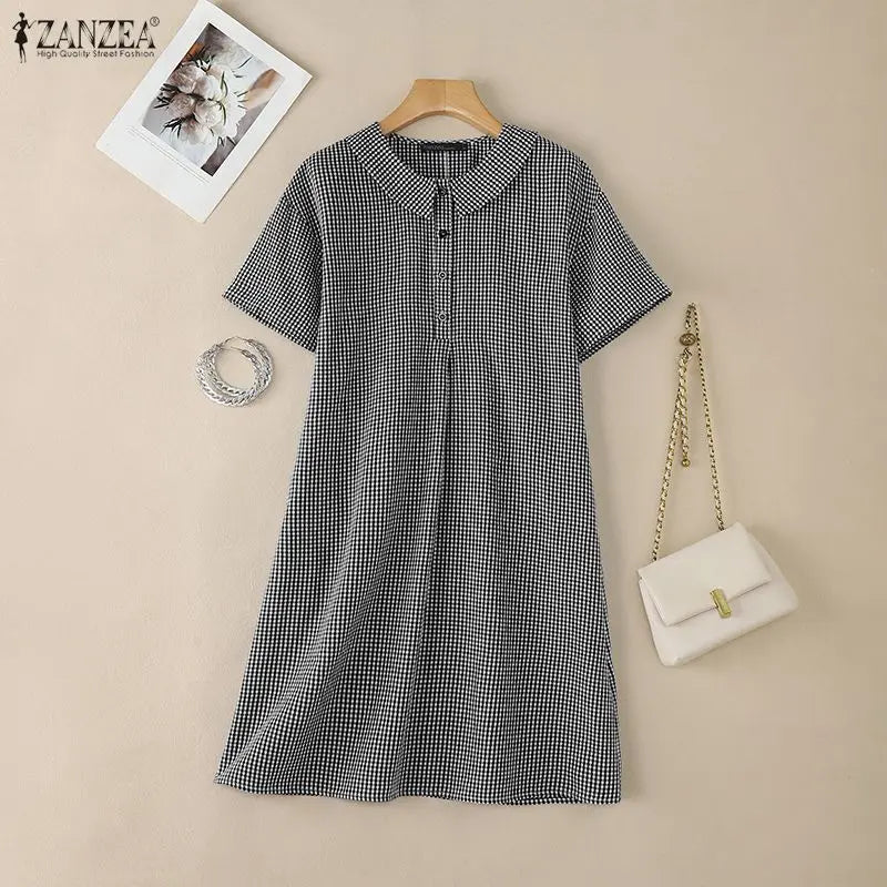 ZANZEA Women's Casual Gingham Short Dresses Turn-Down Collar Half-Button Short Sleeve Knee-Length Dress Summer Robes Femme