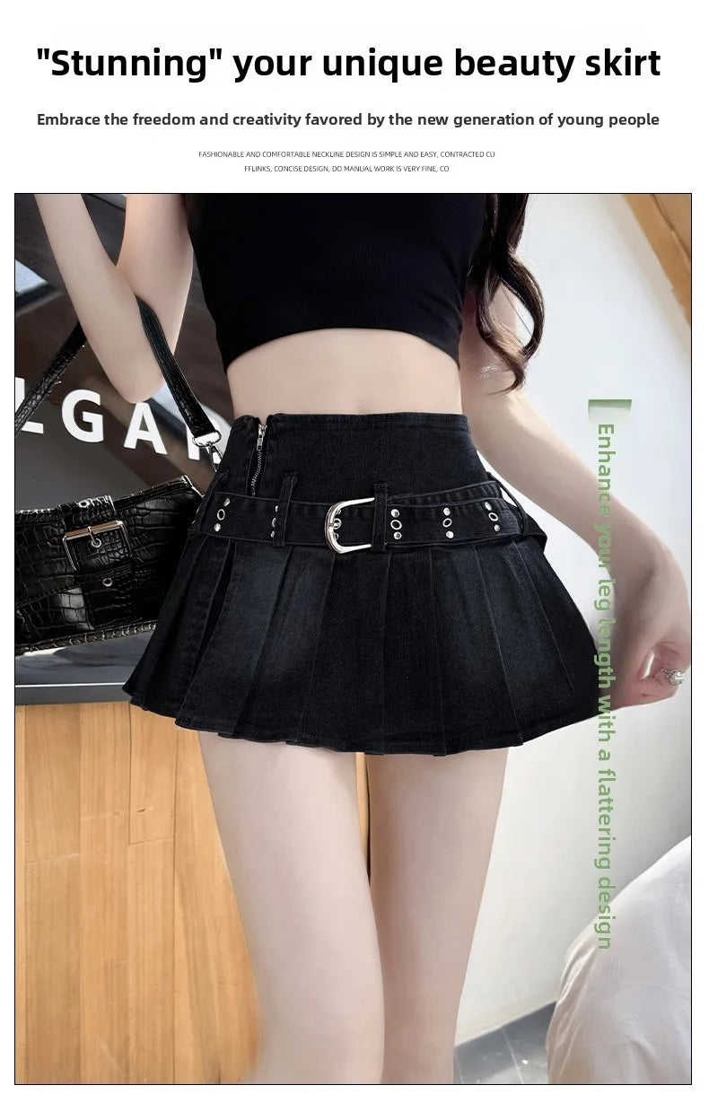 High Waist A-Line  Skirt Women's Denim Pleated Half Body Summer New Style Comfortable Soft Korean Version City Commute