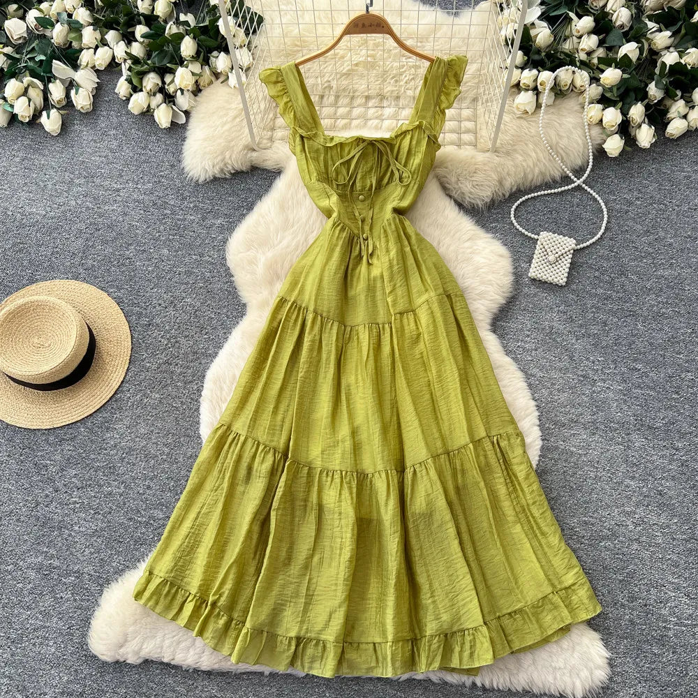 Summer French Sweet Camisole Ruffle Edge Dress for Women New Style with Straps Waist Cinching Vacation Style Dress C579