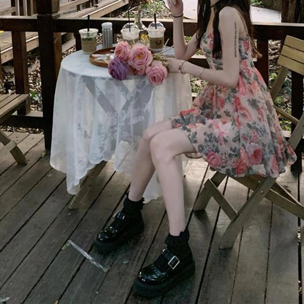 Women's Floral Print A-line Dress with Adjustable Straps and High Waist Design for Spring Summer Autumn Winter Wear