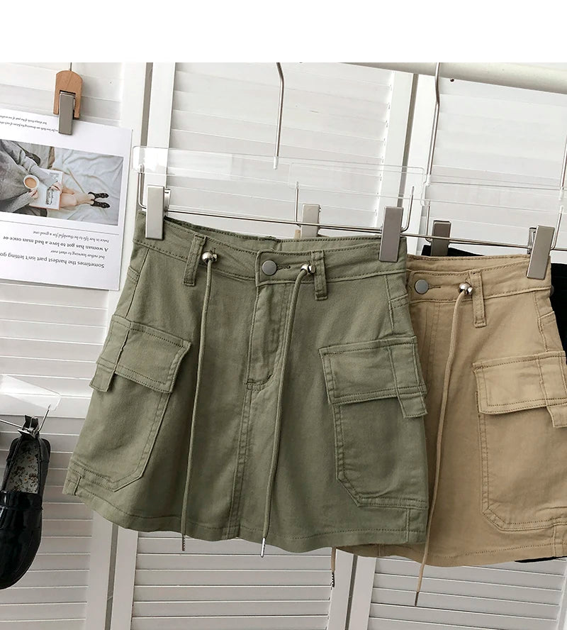 Retro High Waist Denim  Skirt Women's Spring Summer Autumn Casual Drawstring Anti-Light Short Skirt Polyester Fiber