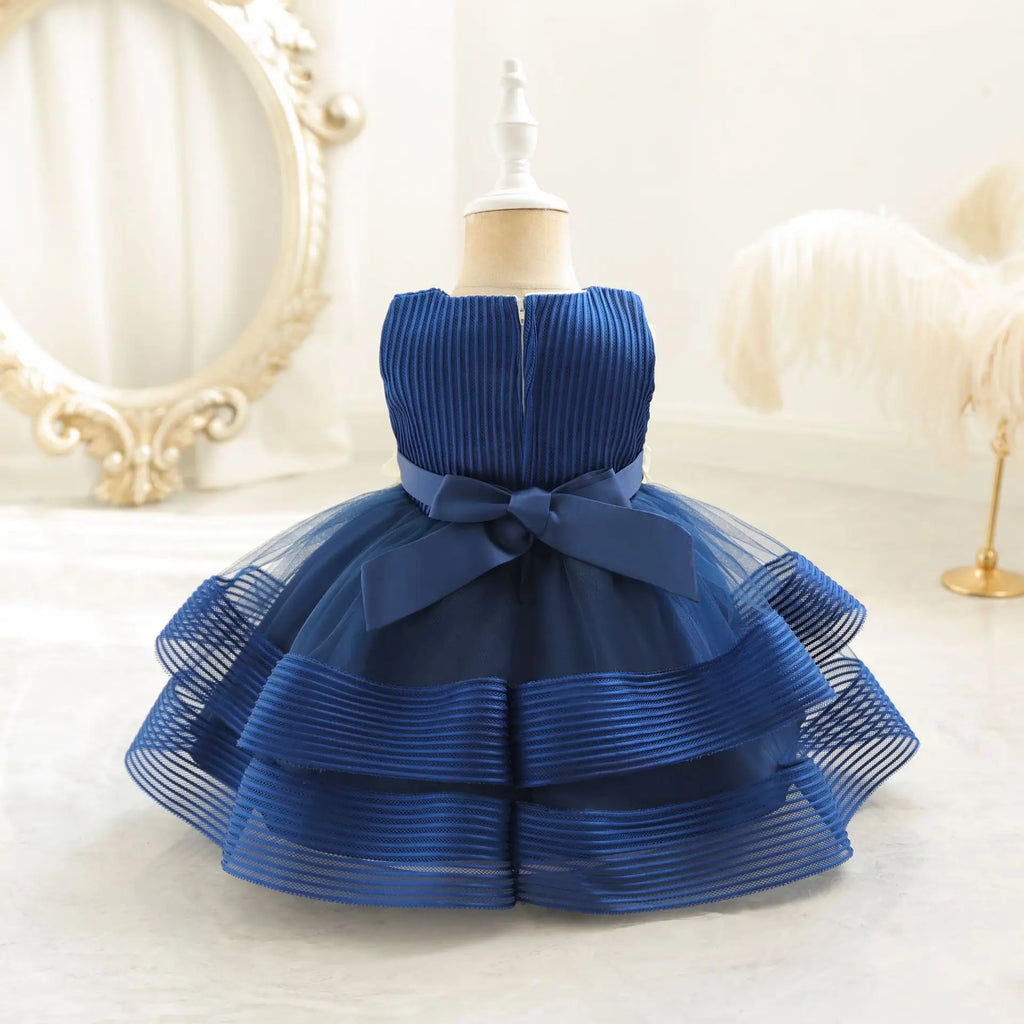 HETISO Girl Kid's Dress Flower Mesh Layered Striped Sleeveless Toddler Baby Party Gown for Girls 1-4 Years
