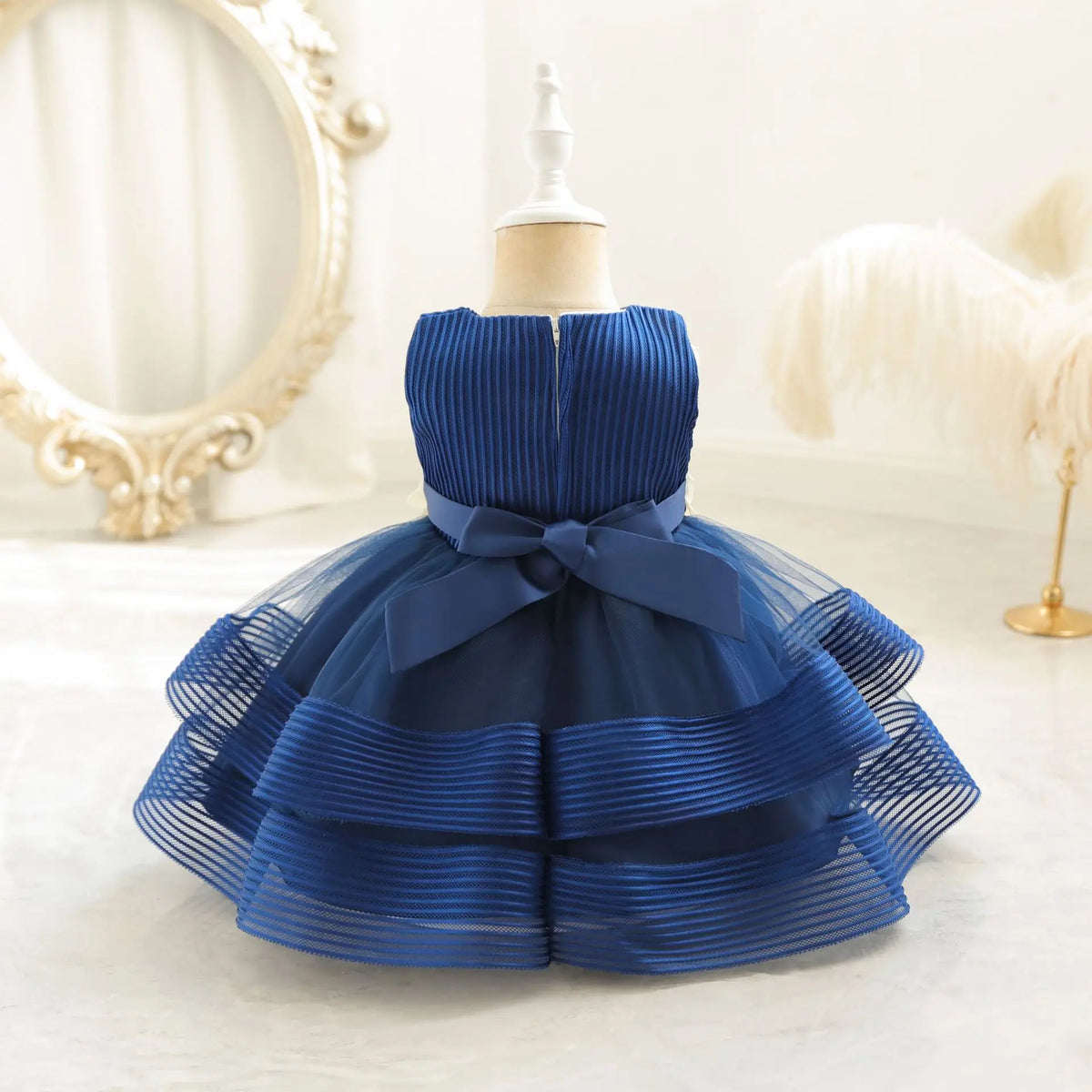 HETISO Girl Kid's Dress Flower Mesh Layered Striped Sleeveless Toddler Baby Party Gown for Girls 1-4 Years