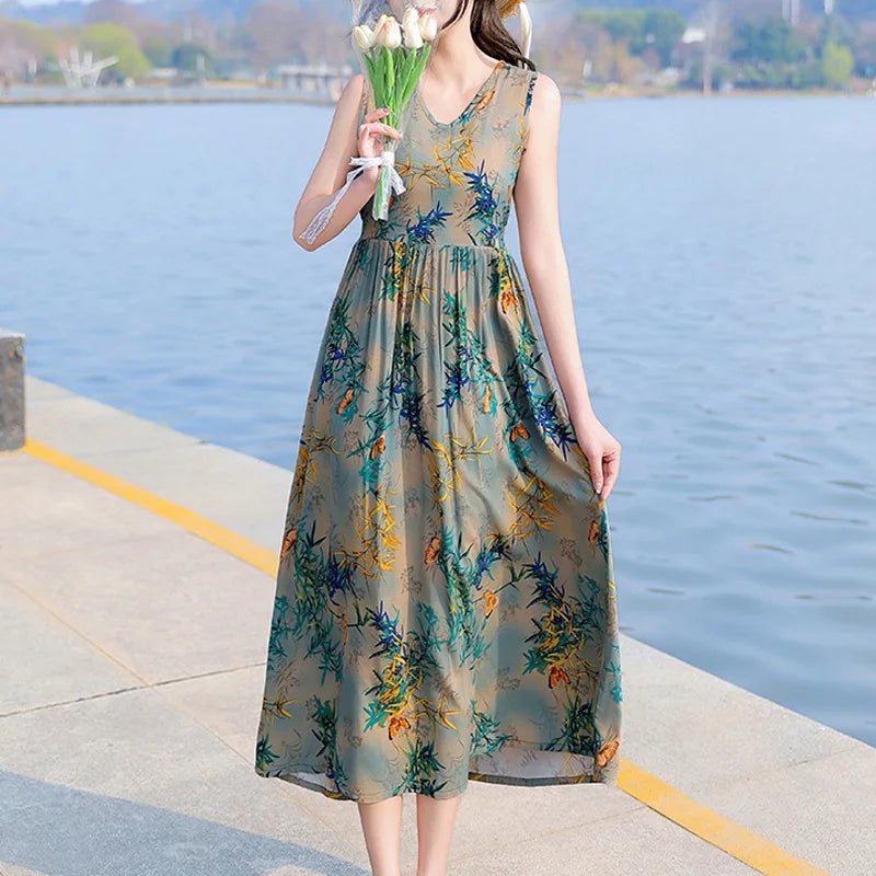 Spring Summer Dresses Fashion Female Sleeveless printed Casual Dress Women A-line Dresses Vestidos