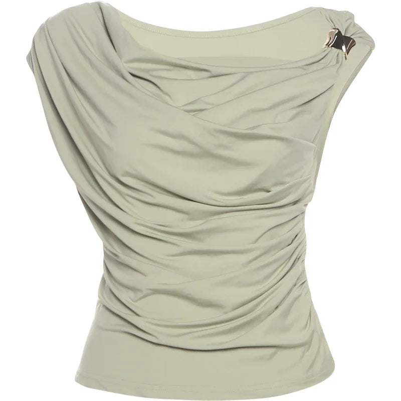 Irregular Metal Knots Tops Women Sexy Pleated Skinny High Stretch Solid Daily Casual Simple Streetwear Basic Tees