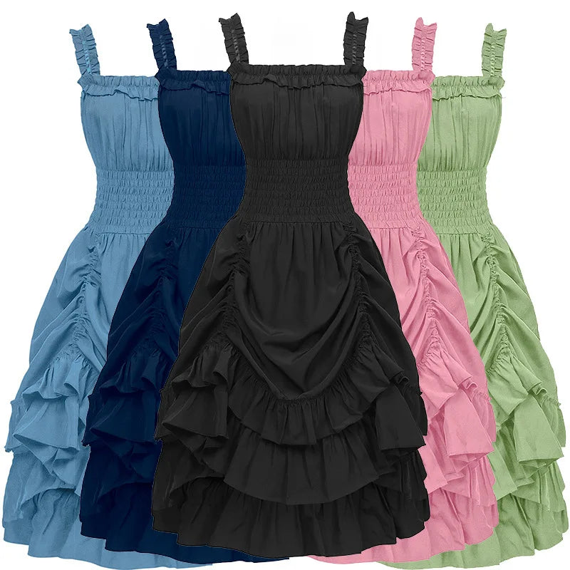2026 Vintage Victorian Ruffle Midi Dress,High Waist A Line Women Sling Dress,Medieval Cosplay Party Dress for Women Summer Beach