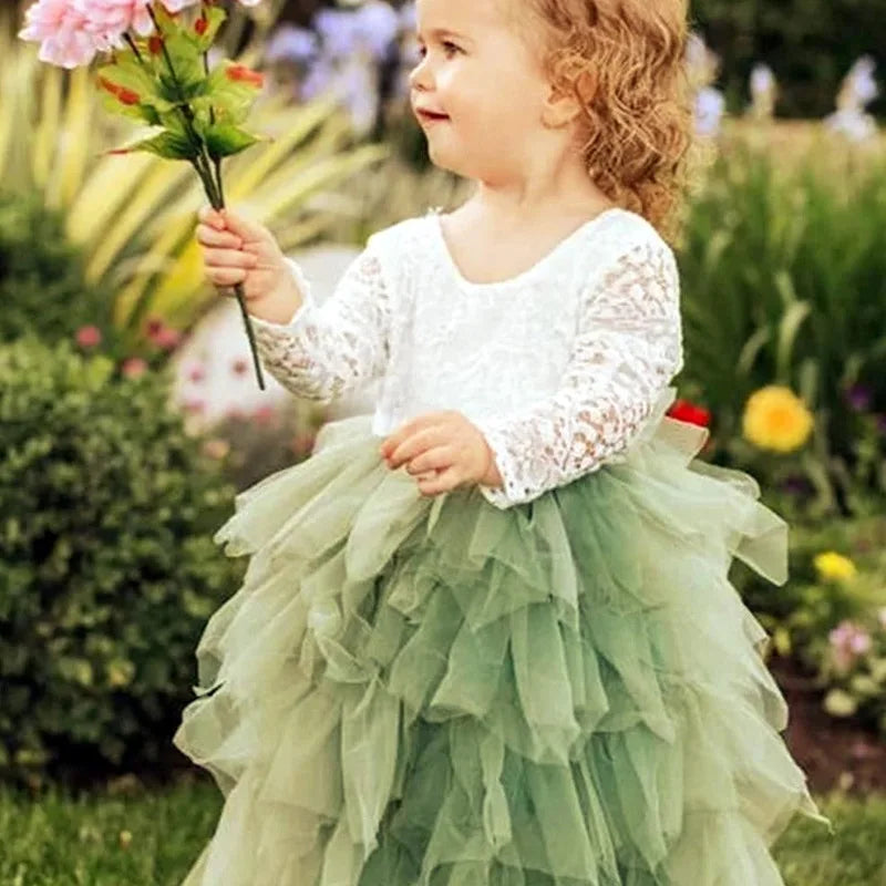 Princess Girls Festival Dress for 6m To 13 Years Old Elegant Flower Girl Vacation Layered Dress Lace Backless Evening Dresses