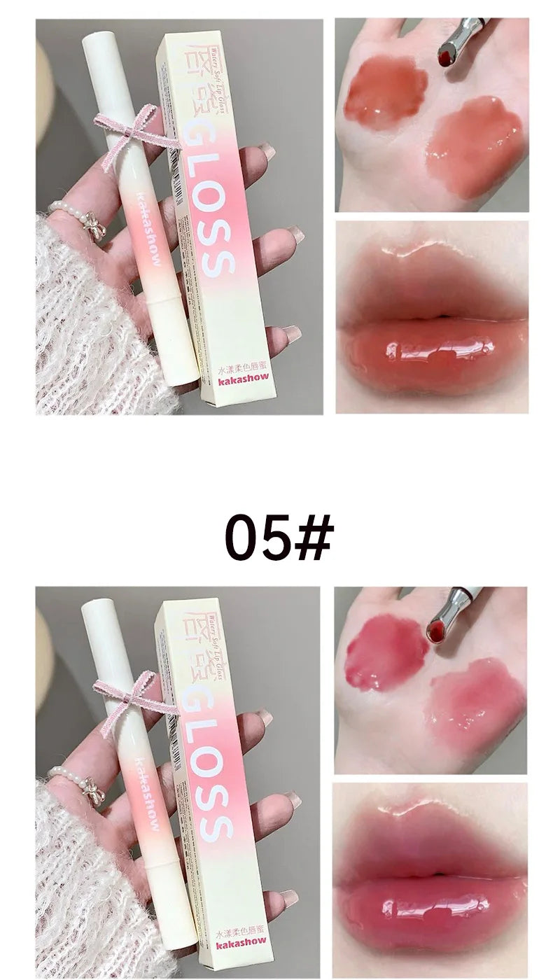 Kakashow Mirror Watery Lip Gloss Iron Brush Head Jelly Lipgloss Moisturizing Lip Tint Lipstick Nature Nude Lips Makeup Cosmetics