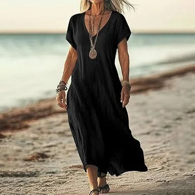 Independent Station Loose Solid Color V-neck Cotton and Linen Women's Dress