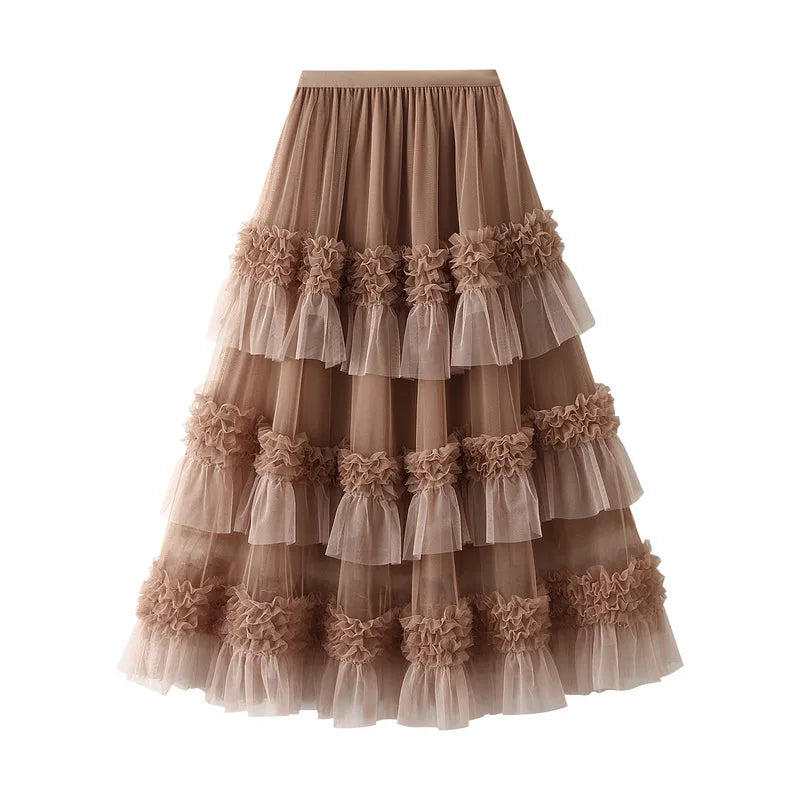 Autumn and Winter New Color Scheme Fashionable Dress for Women Big Swing Yarn Skirt Sweet Lace Pleated Edge Dancing Skirt 1391