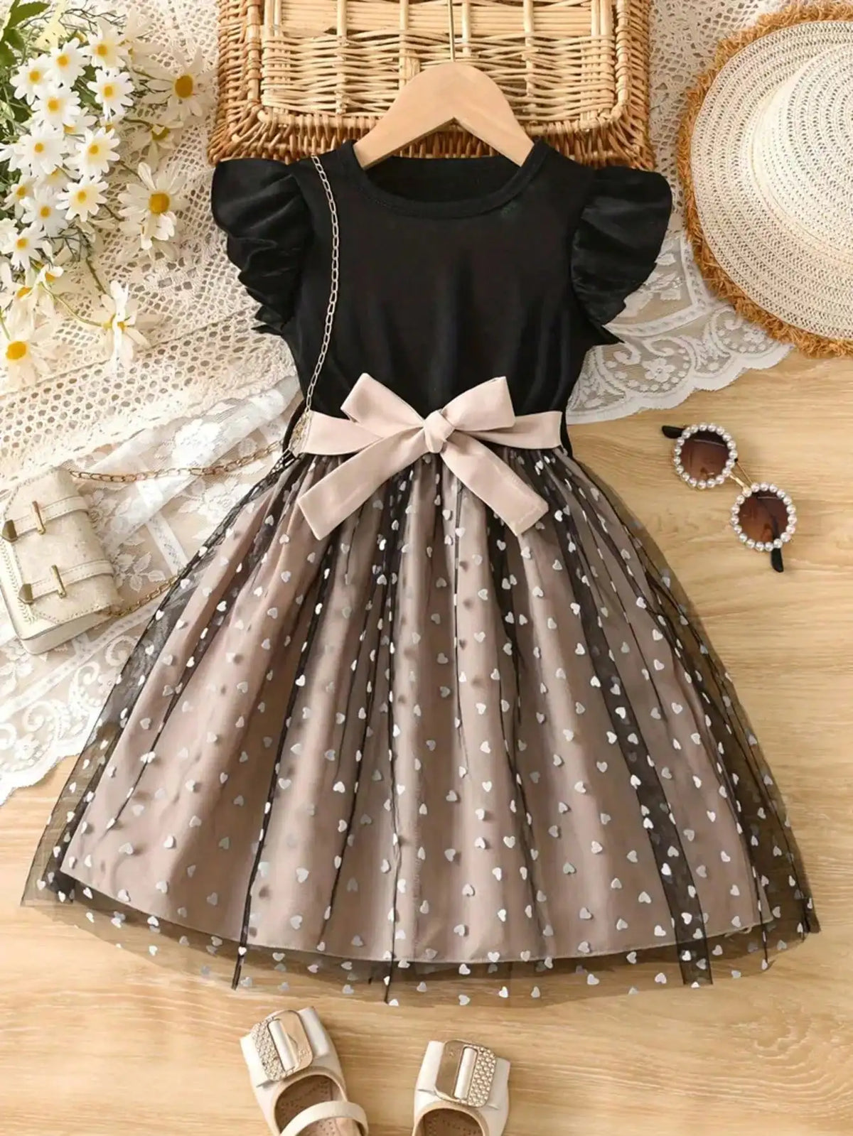 Princess Skirt Children's Dress Casual Elegant Summer Short Sleeve Ruffled Heart-Shaped Mesh Belt Bow Tie Waist Belt