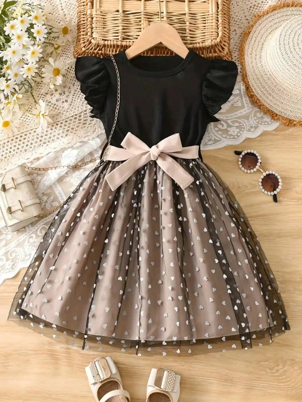 Summer Style Girls' Sleeveless Round Neck Flying Sleeve Pink Printed Dress, Cute Outfit, With Belt