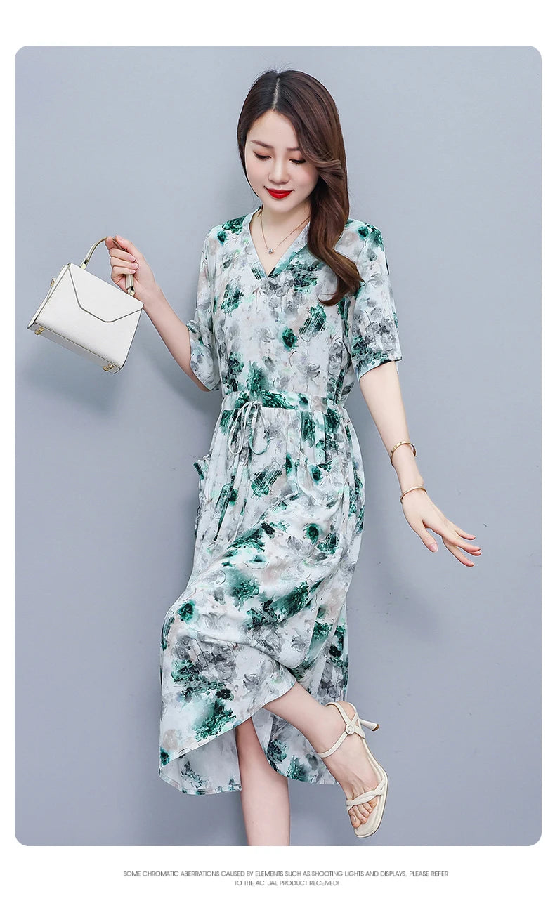 New Fashion 2025 Summer dresses For Women V-Neck Plus Size Woman Cothing Loose Short Sleeve Women Print Dresses