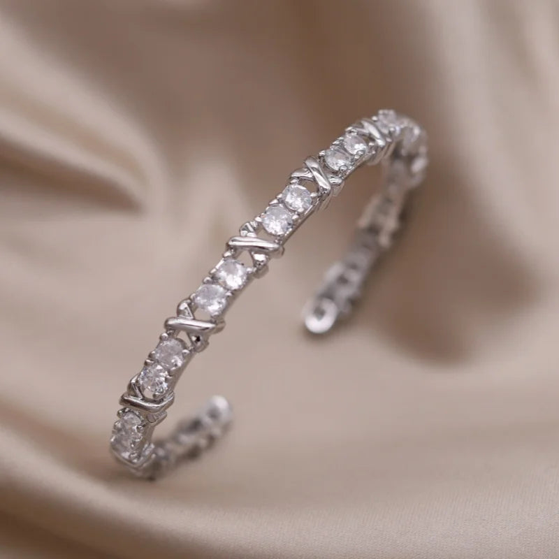 French New Design Zircon Letter X Two Color Plated Opening Bracelet For Elegant Women Daily Wear