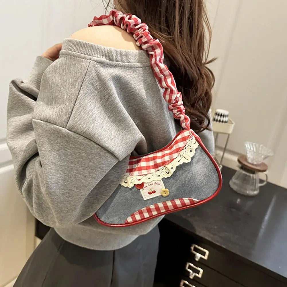 Fashion Grid Women Bag Lace Ribbon Stretchable Shoulder Strap Single Shoulder Underarm Bag Daily Commuting Student Handbag