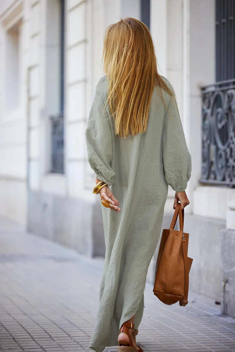 Women V Neck Lantern Long Sleeve Linen Maxi Dress Button Front Loose Casual Vacation Ladies Long Dress